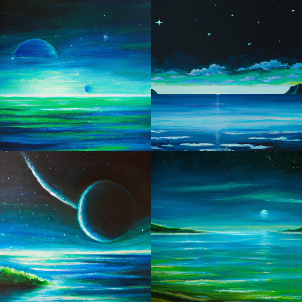Green Planet Over Flat Sea: Gurney-Style Oil Painting