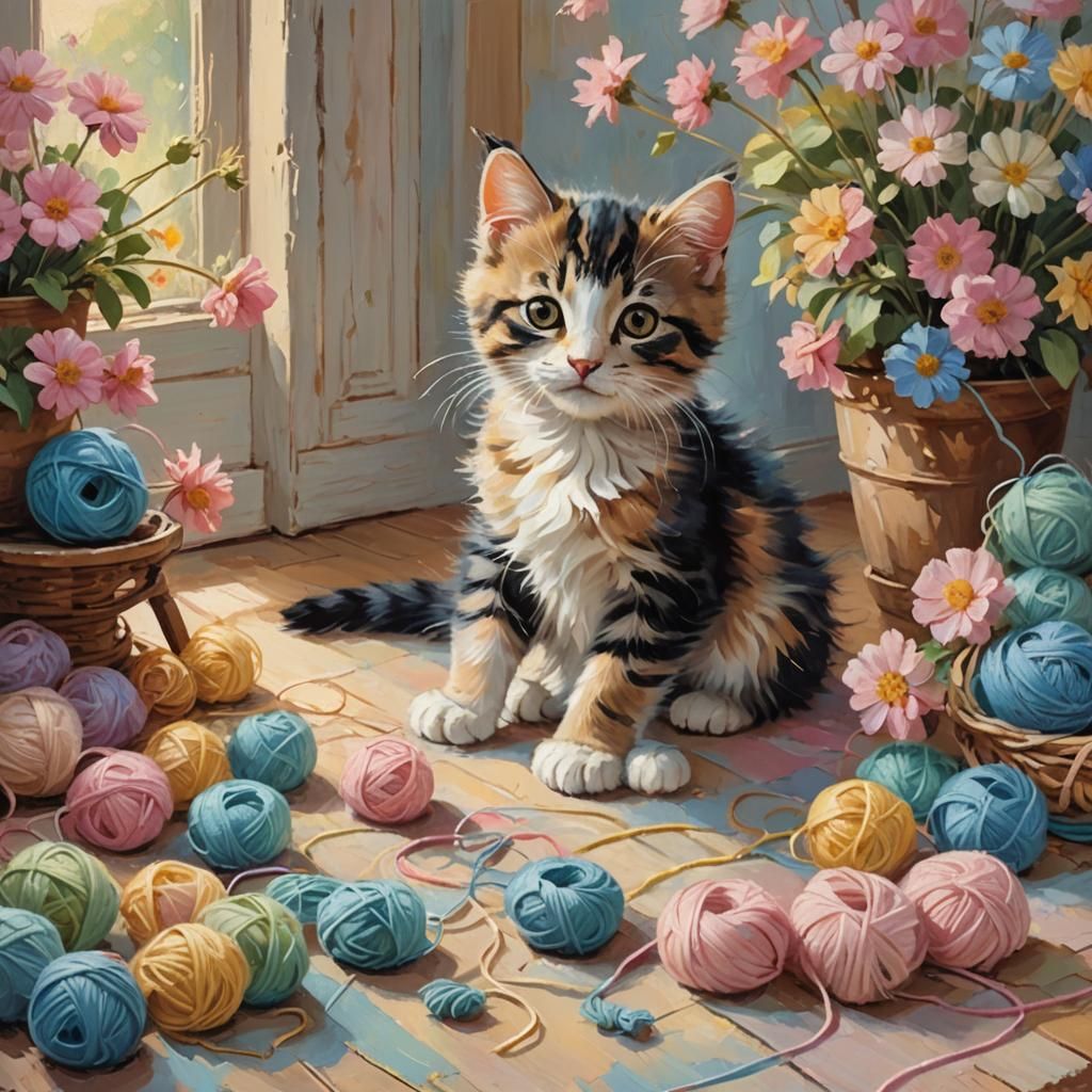 Kitten Playing with Yarn as Impressionist Oil Painting