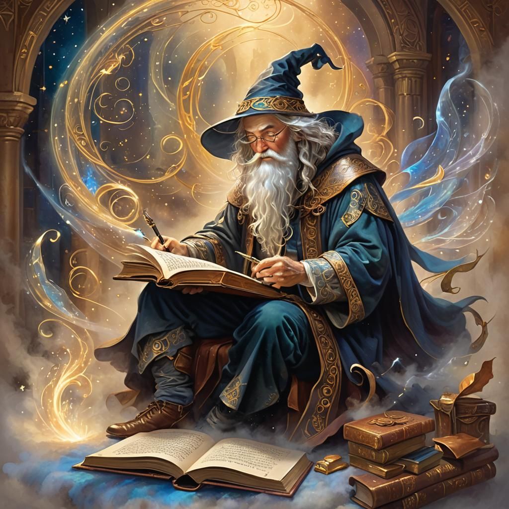 Ethereal Wizard Conjuring Calligraphy with Magic