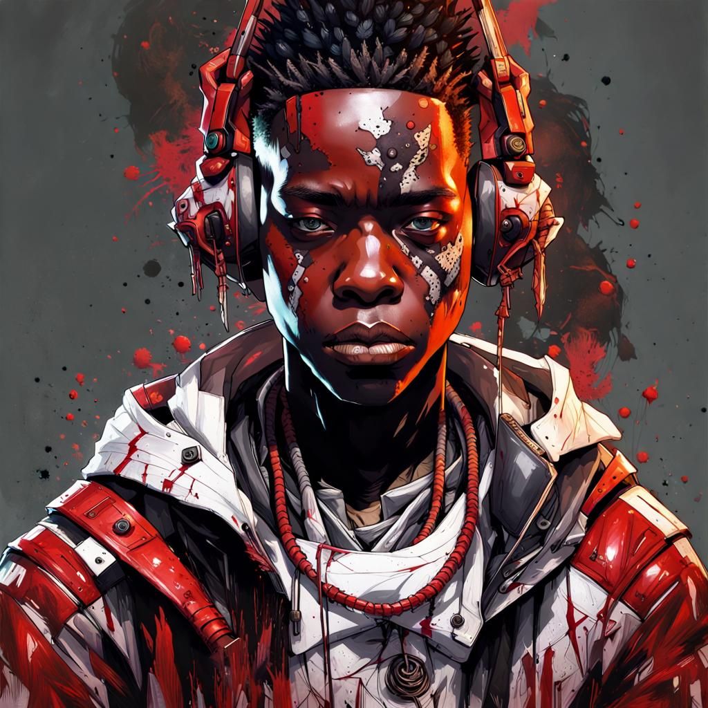 Cyberpunk Cyborg Boy Portrait with Implants in Inkpunk Style