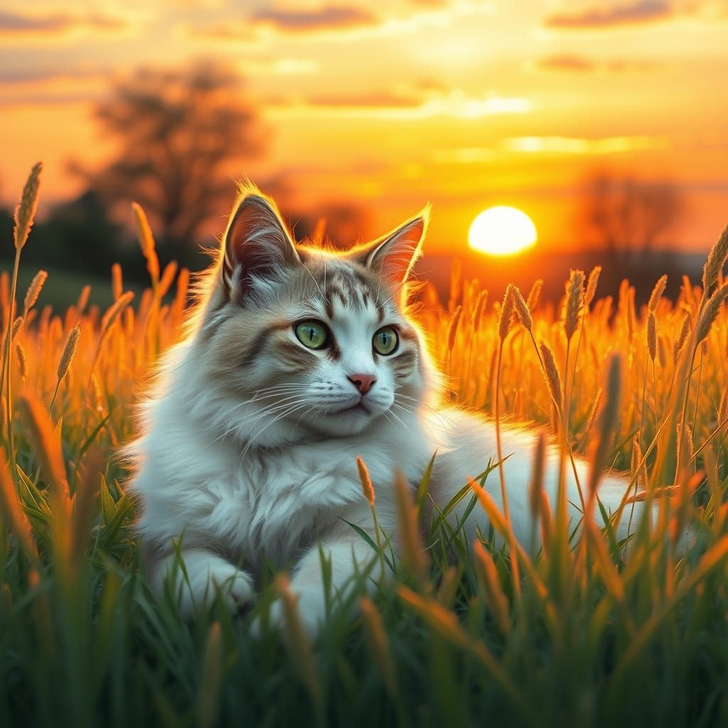 Whimsical Sunset Feline in a Golden Meadow