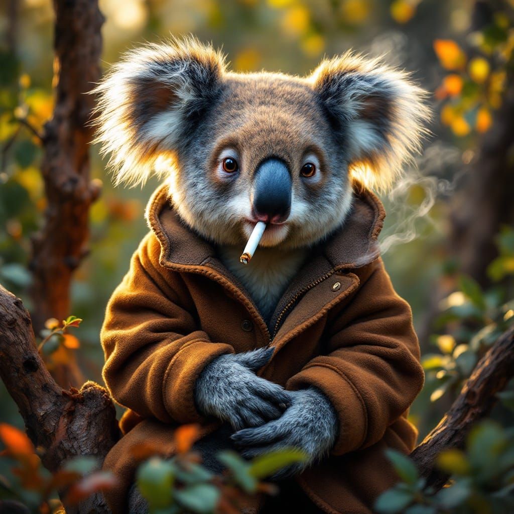 Koala Smokes a Cigarette on a Gnarled Eucalyptus Branch