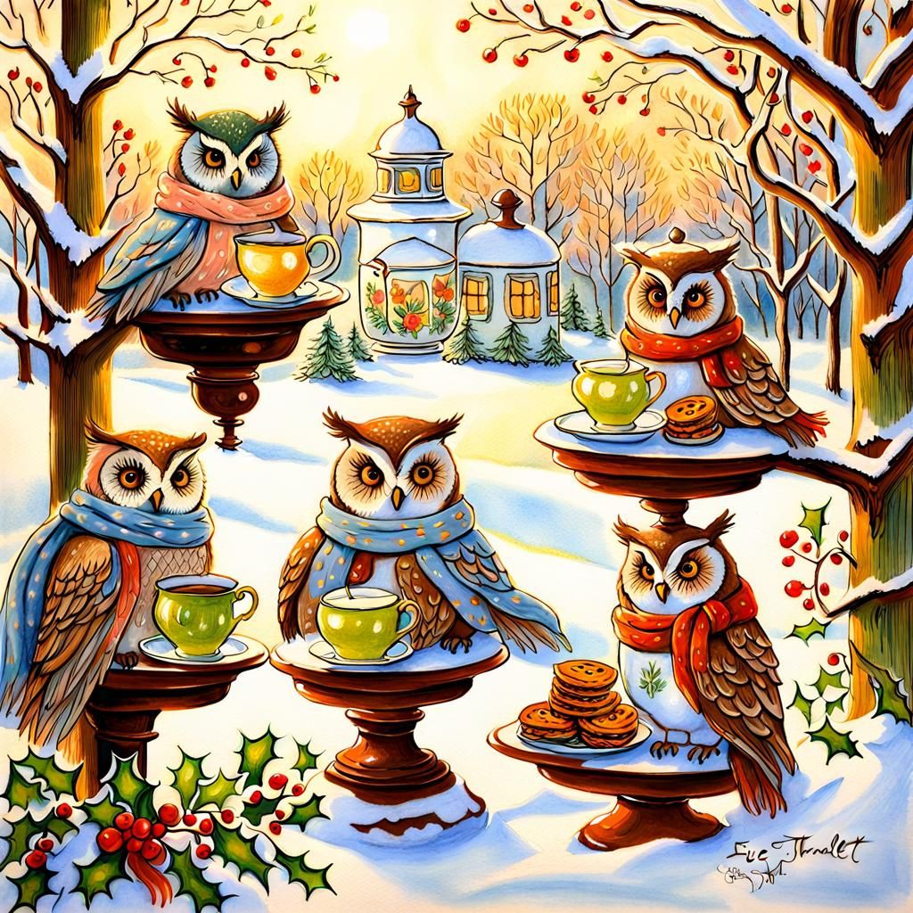 Pastel Owls' Winter Tea Party: Cozy Children's Illustration