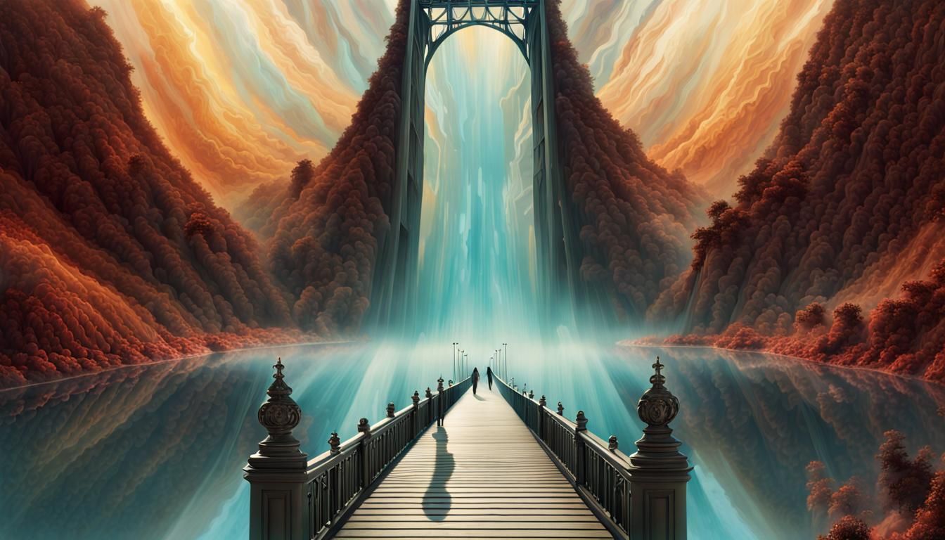 Ethereal Realm: Adventurers Crossing into Surreal Landscape