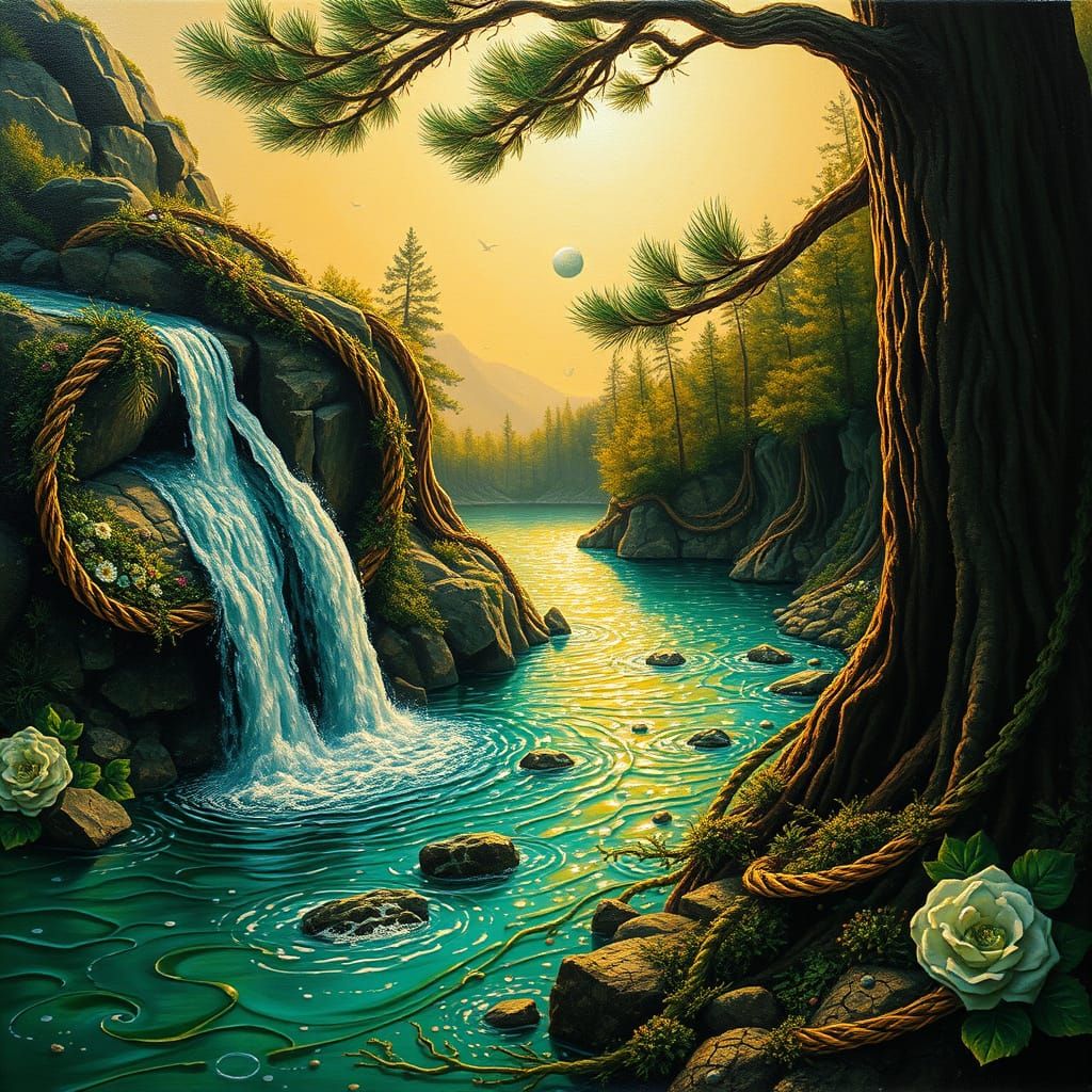 Surreal Waterfall Through Woven Wreaths Under Pine Tree