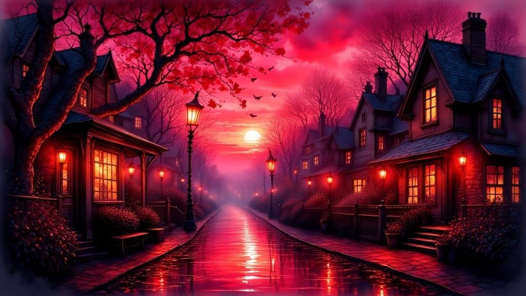 Crimson Dusk Village with Glowing Lanterns