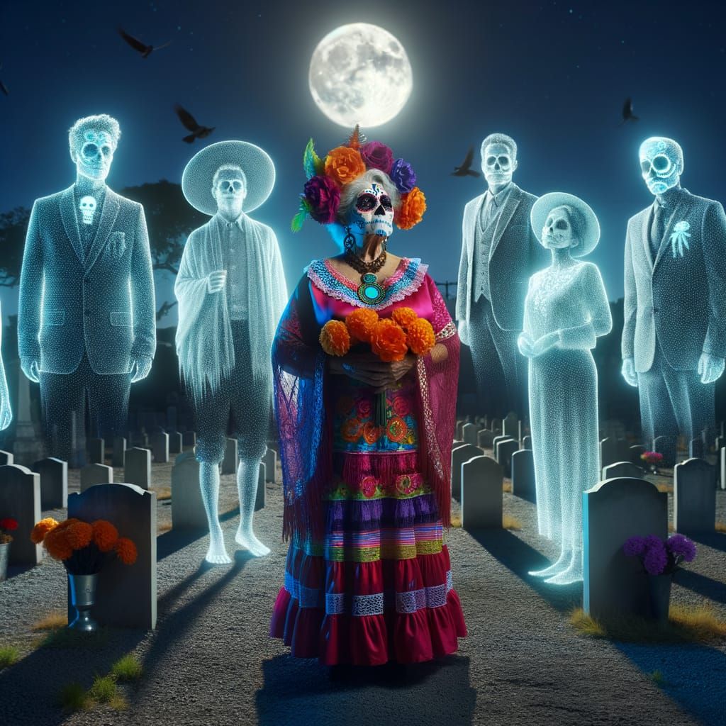Vibrant Sugar Skull Celebration in a Cemetery at Night