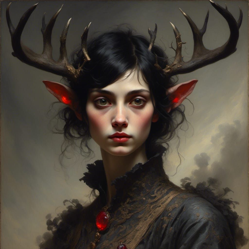 Portrait of a Woman with Red Eyes and Antlers