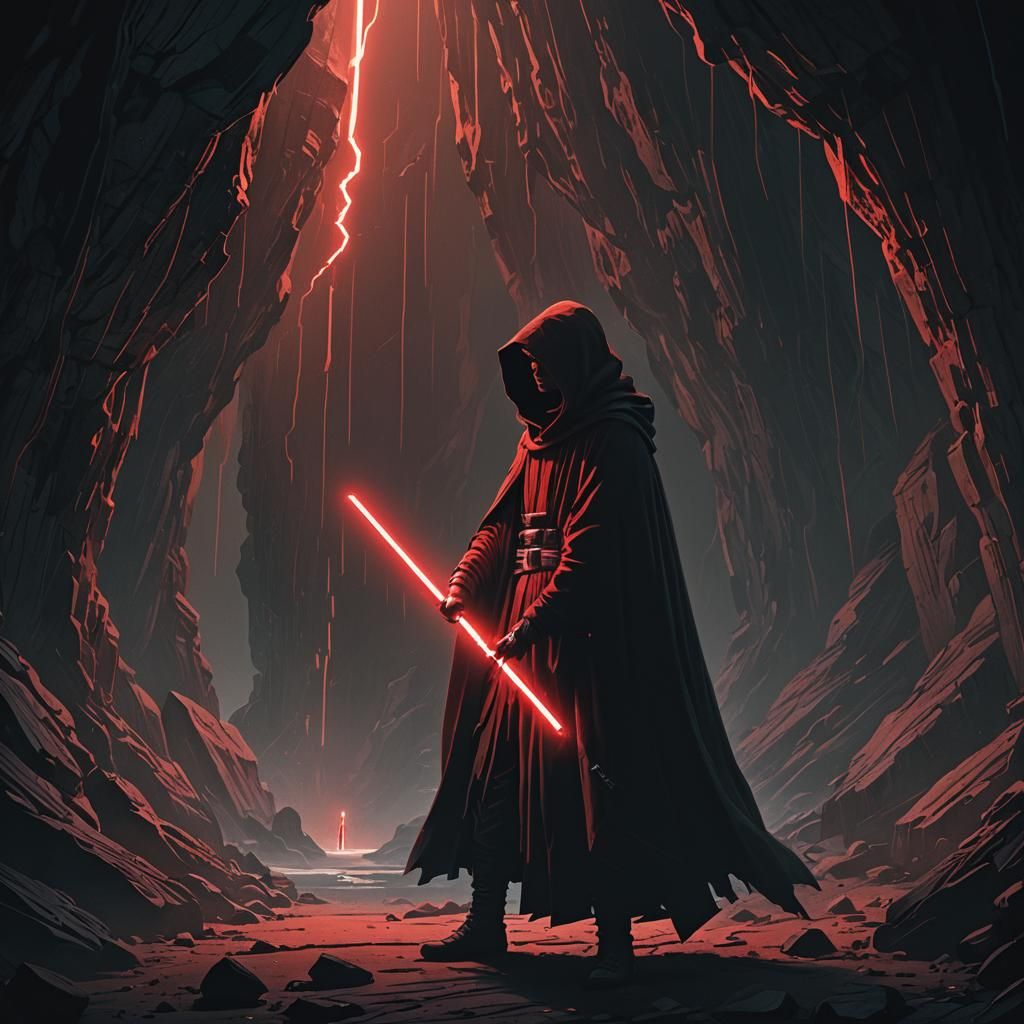 Hooded Figure with Lightsaber in Dark Cave