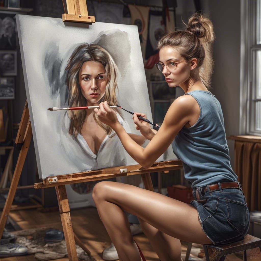 Photorealistic Portrait of Girl Painting Herself