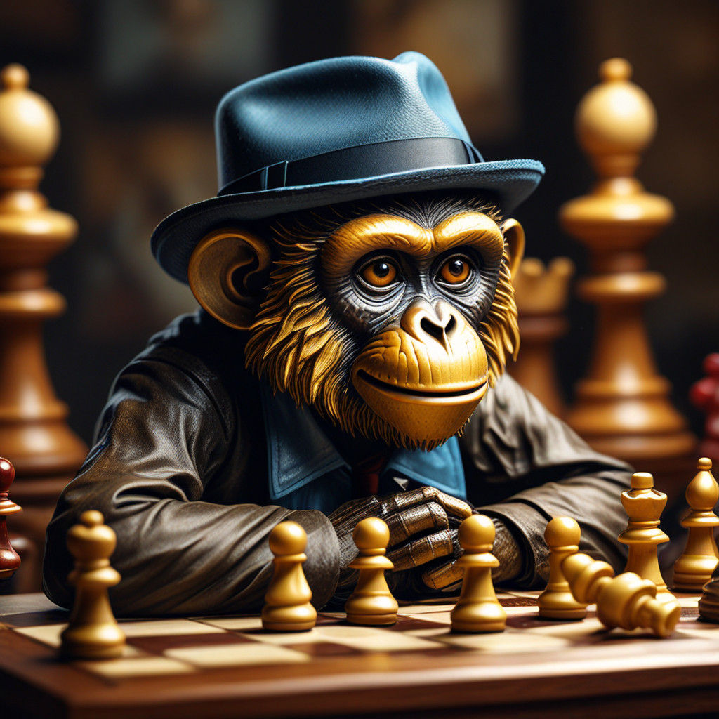 Toy Monkey in Fedora Playing Chess in Oil Painting