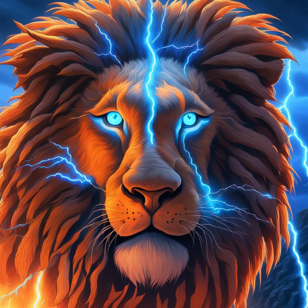 Electric Lightning Lion on Stormy Cliff