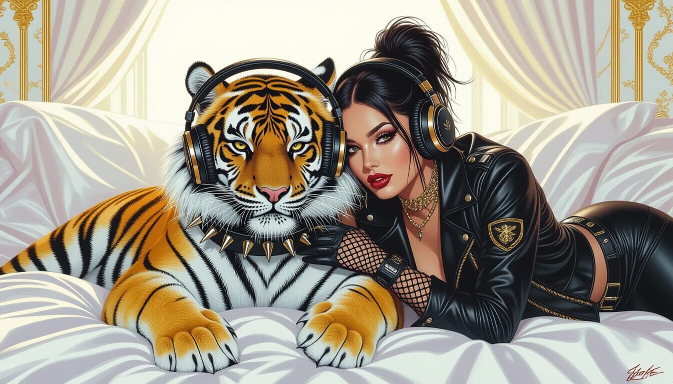 Tiger with Headphones in Dark Luxurious Style