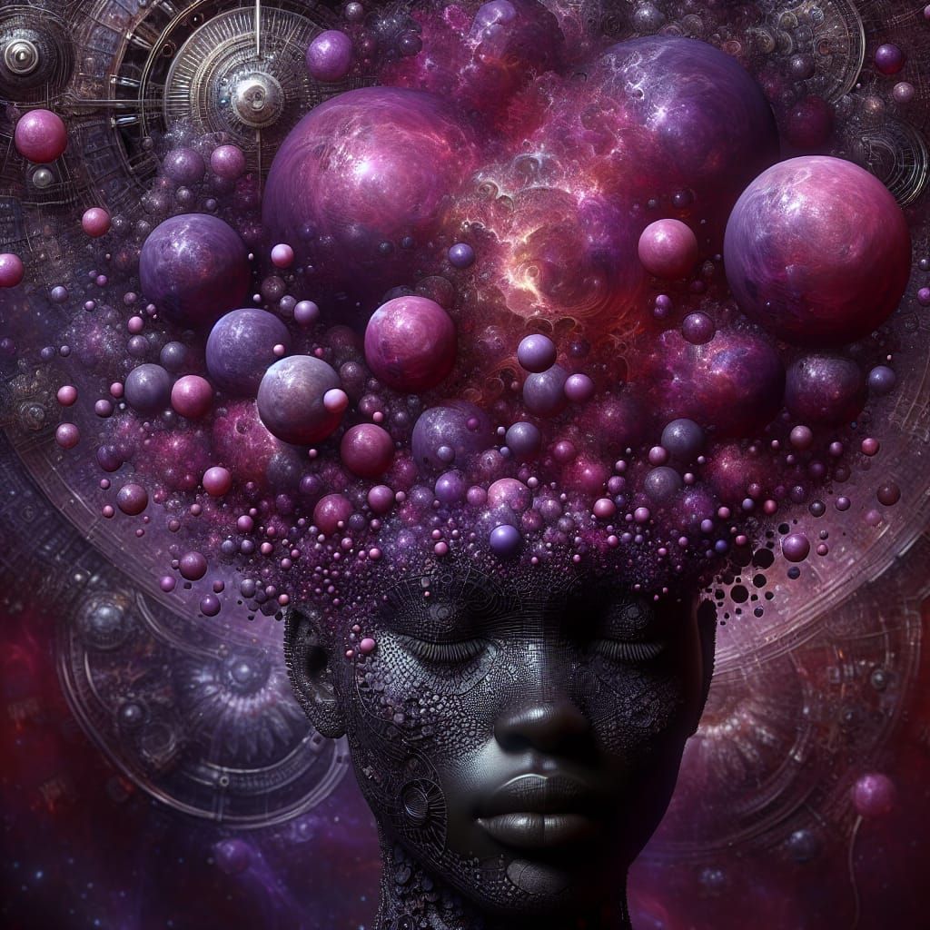 Surreal Purple Portrait with Steampunk Engine in 8K