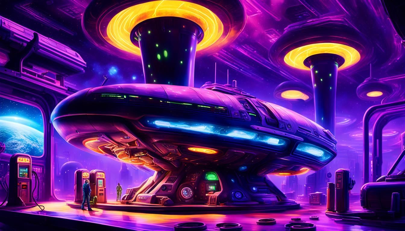 Alien Fueling Up Spaceship at Gas Station