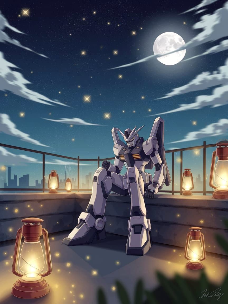 A contemplative anime-style mecha