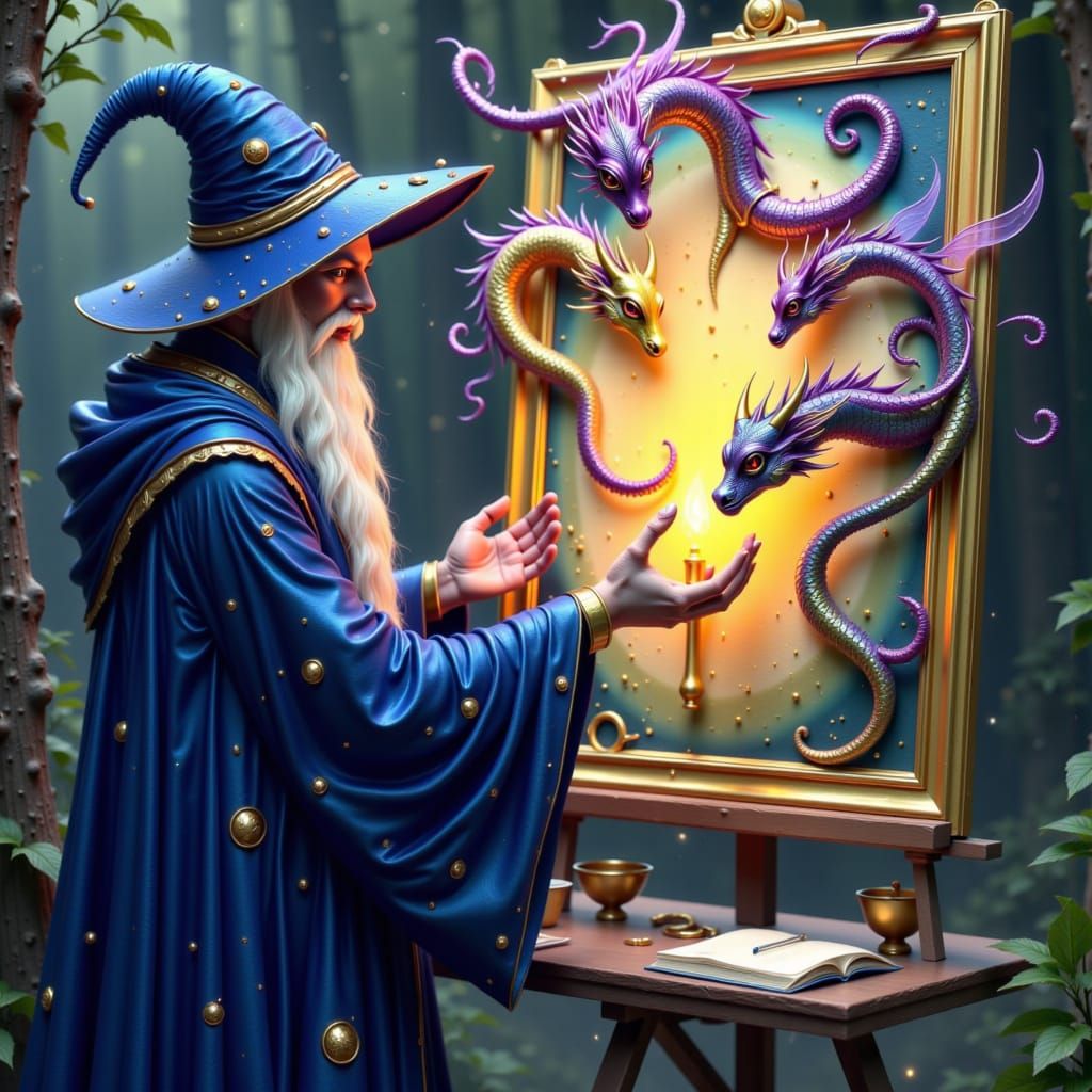Wizard Conjures Dragons from Masterpiece Oil Painting