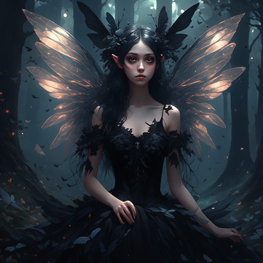 Gothic Fairy in Dark Forest at Night