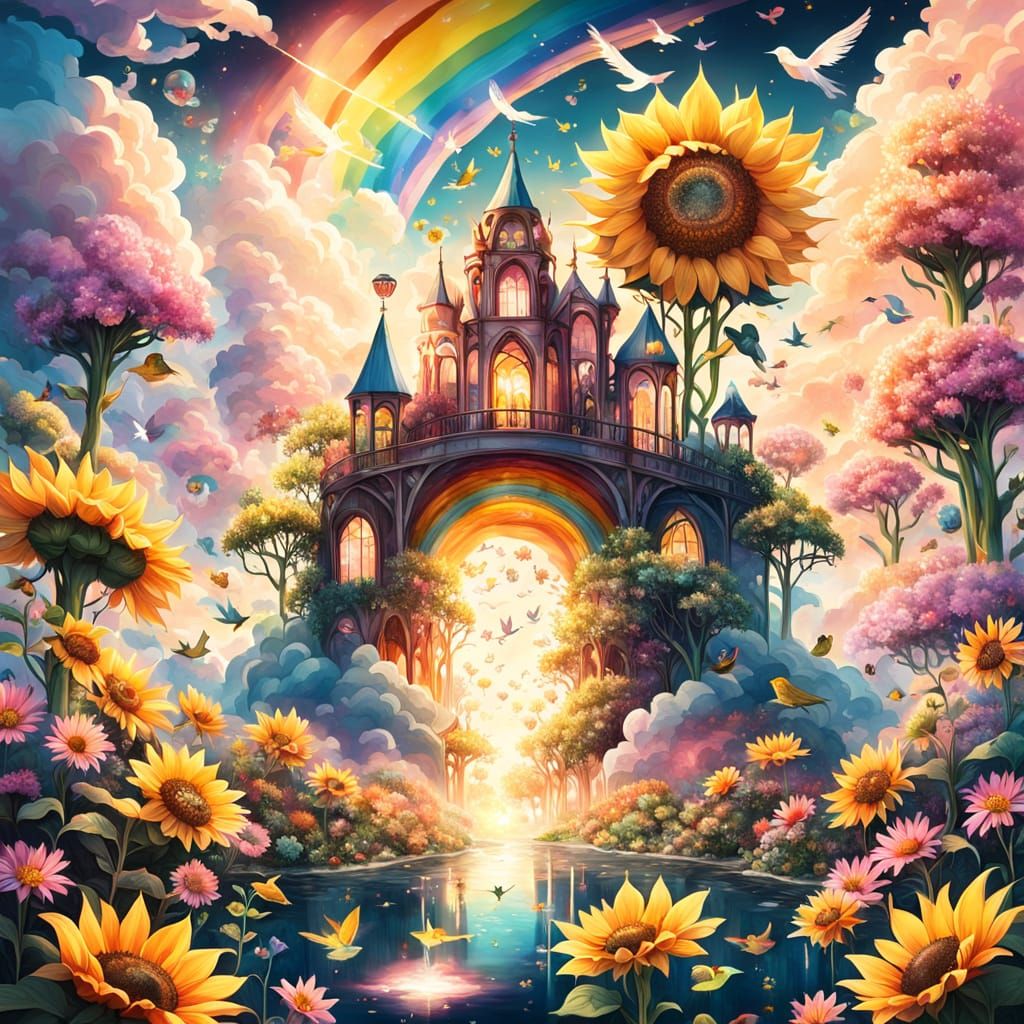 Floating Kingdom with Sunflowers in Fantasy Style