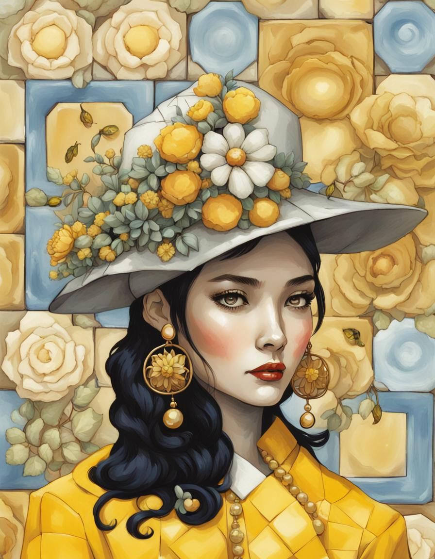 Black-Haired Lady in Yellow with Tiled Hat