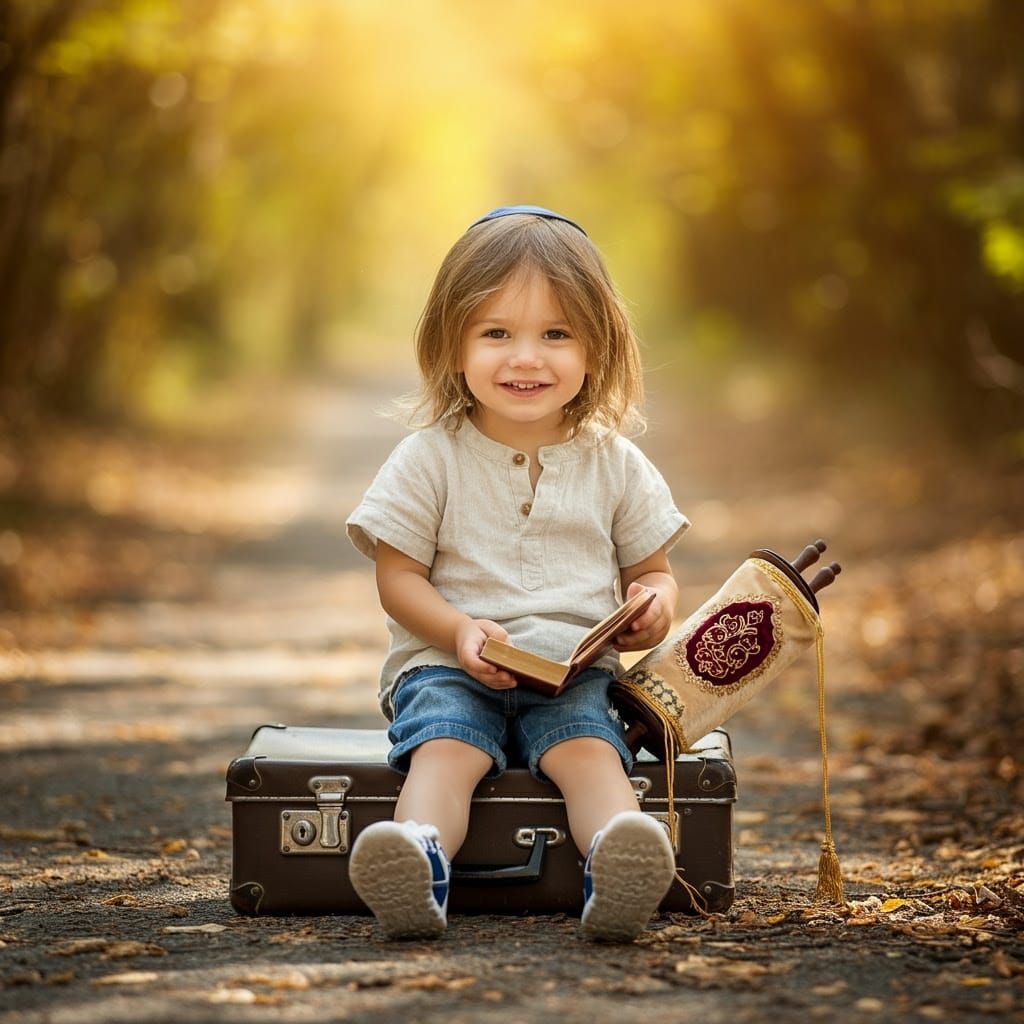 Boy on Suitcase in Forest Path, Storybook Illustration