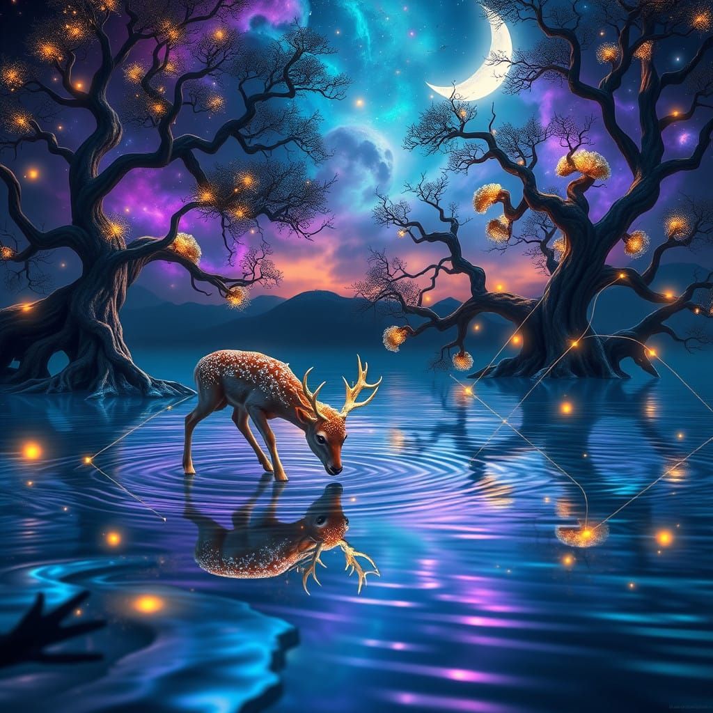 Surreal Lagoon Scene Under Vibrant Nebulas at Dusk