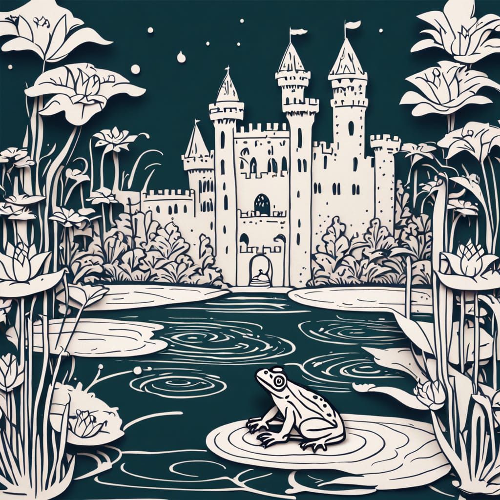 Kirigami of the Frog Prince wearing a crown, sitting by a li...