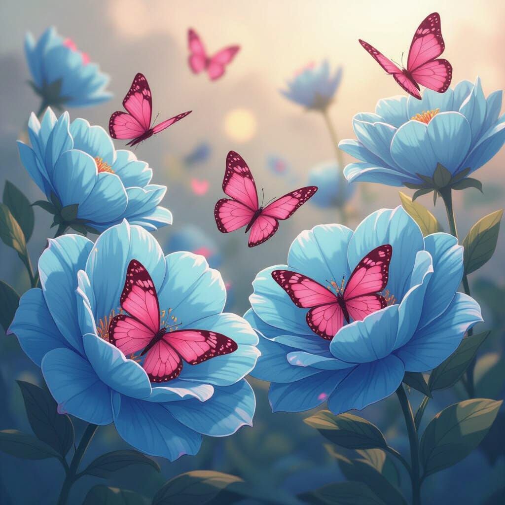 Pink Butterflies Emerge From Blue Flowers in Anime Style