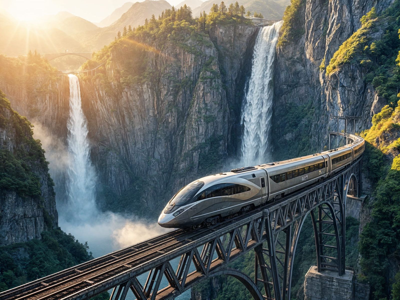 Modern Train Crossing Majestic Mountain Bridge