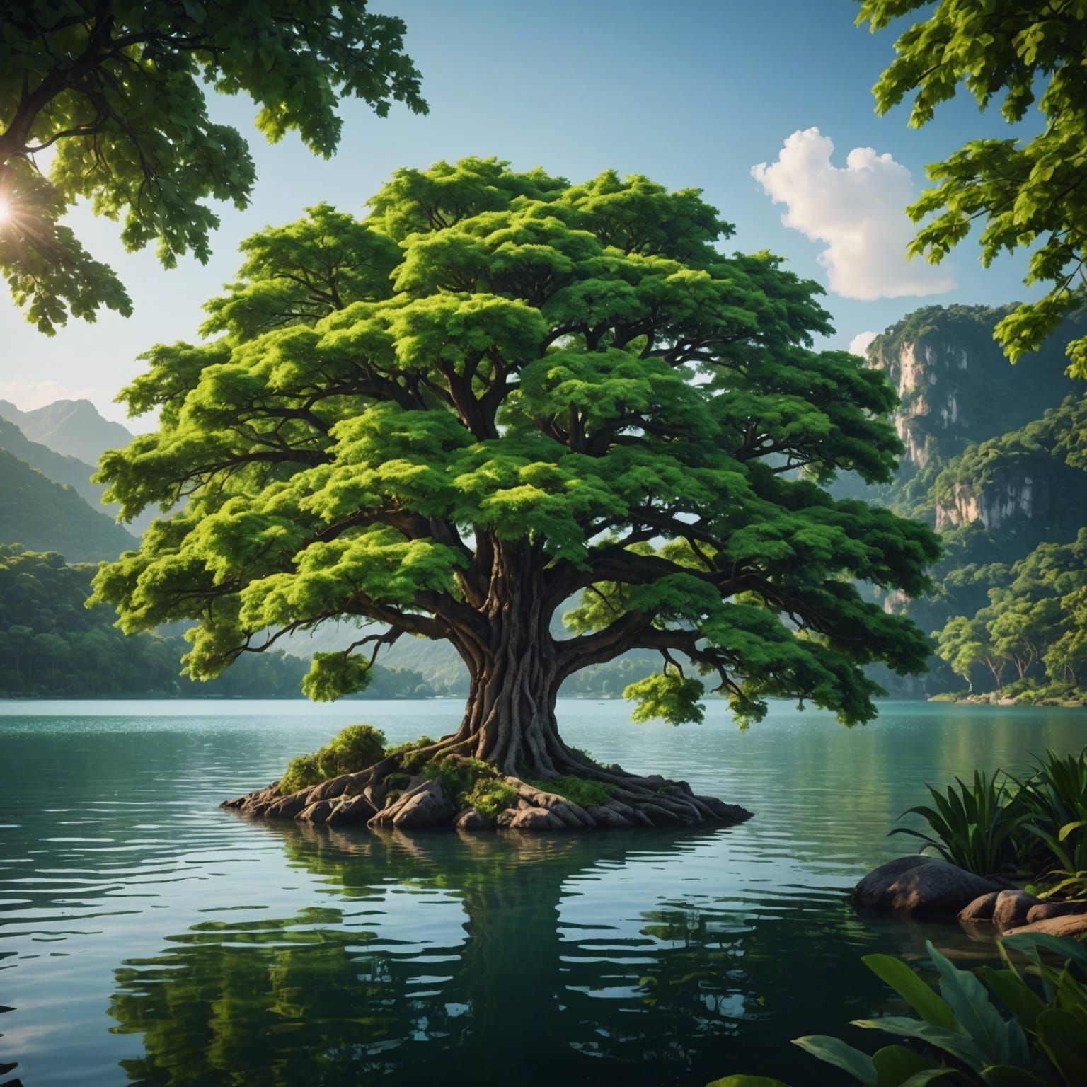 Tree of Peace on Island: 8k Realistic Photo