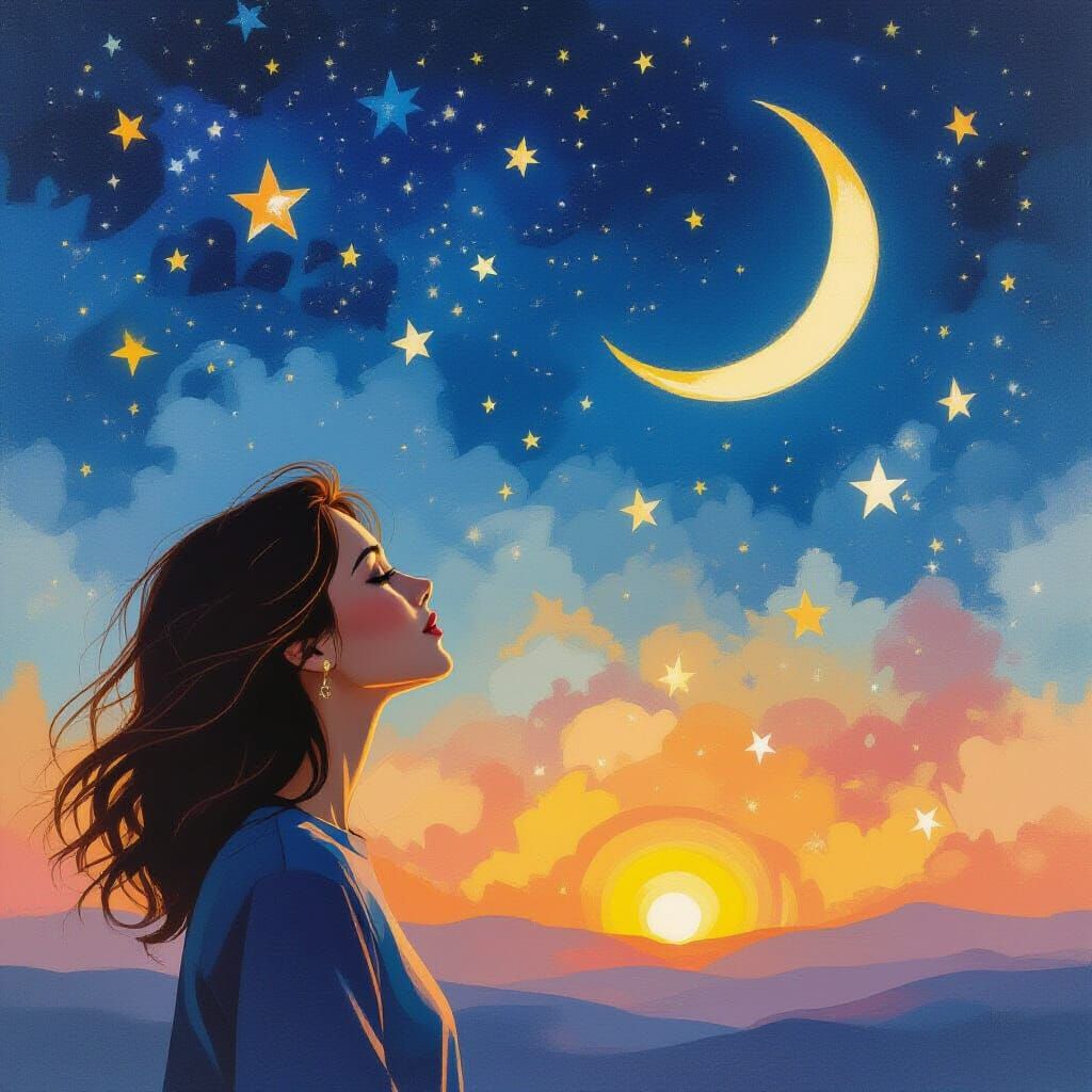 Airbrush Art of Woman Gazing at Starry Night Sky