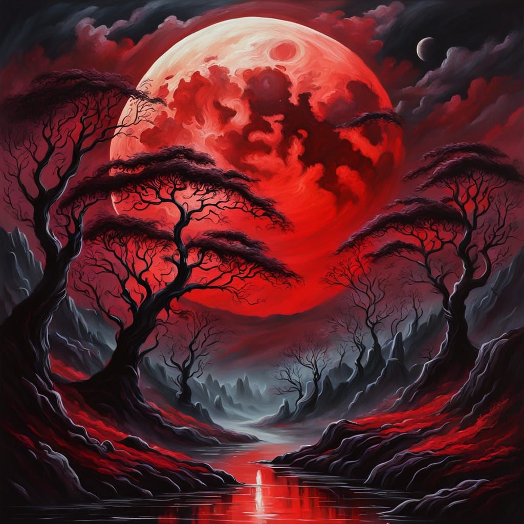 Crimson Moon Over Dark, Misty Landscape