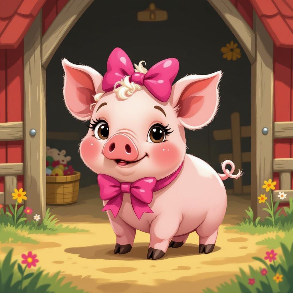 Adorable Piglet with Pink Bow in Whimsical Farm Scene