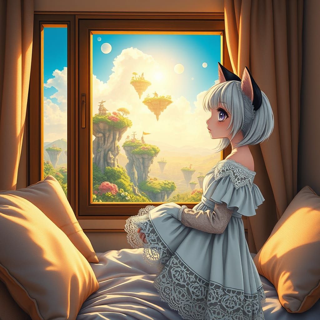 Whimsical Catgirl in Serene Fantasy Landscape