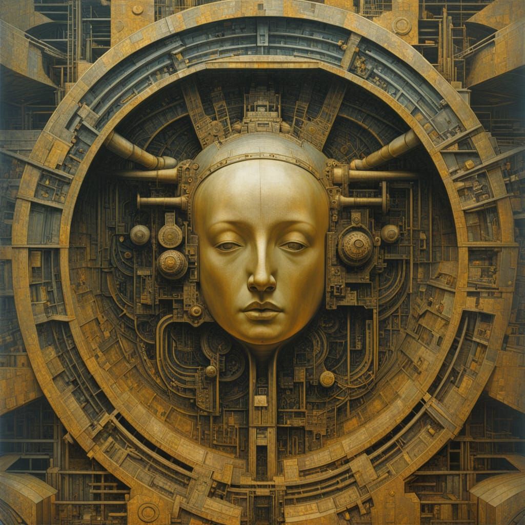 Mechanical Oracle in Surreal Industrial Labyrinth