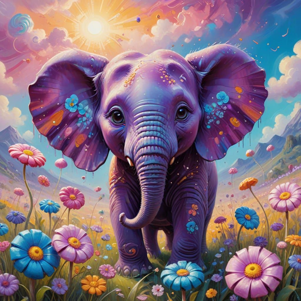 Psychedelic Chibi Elephant in Candyland Meadow
