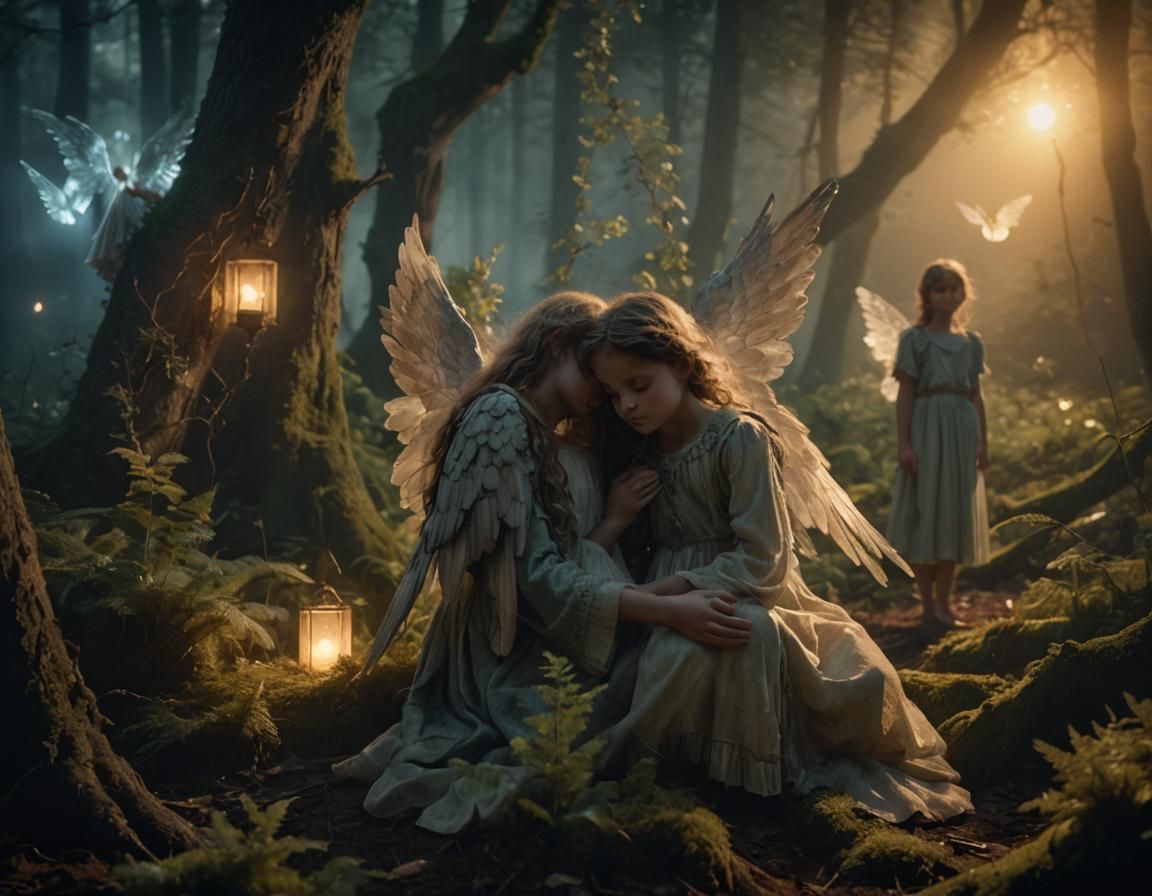 Angel Protecting Child in Moonlit Forest
