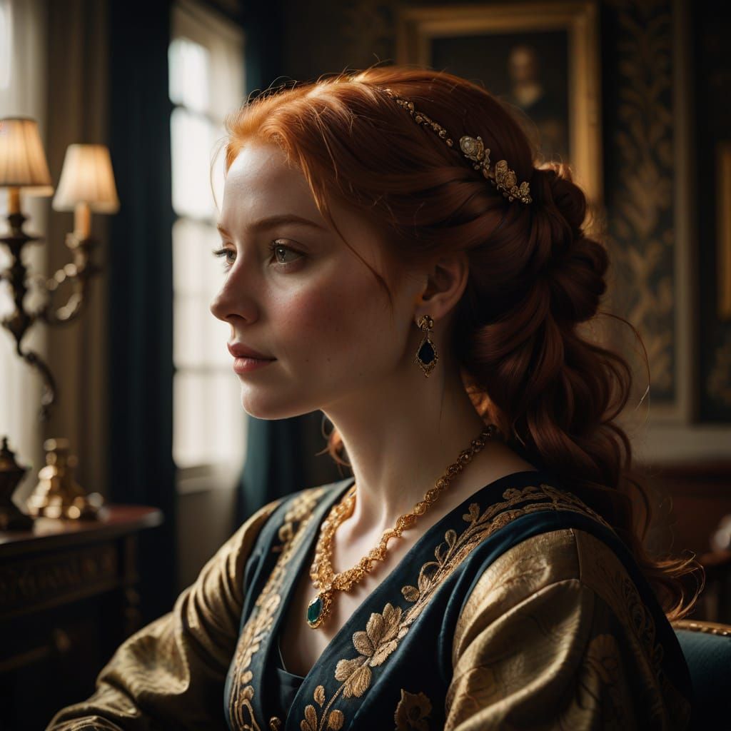 Elegant Lady in Luxurious Setting, Oil Painting Style