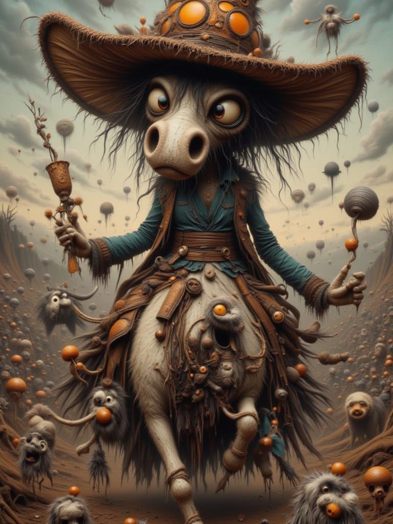 Mushroom Cowboy Rides Horse in Rodeo