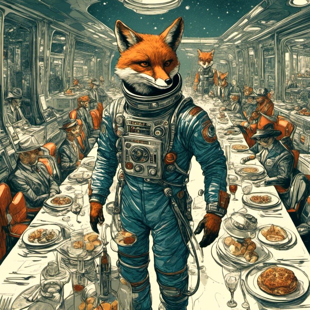 Fox in Spacesuit at Moon Dinner Party