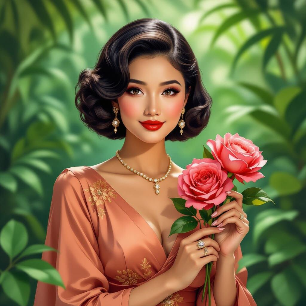 Thai Woman with Rose, Hyper-Realistic Oil Painting