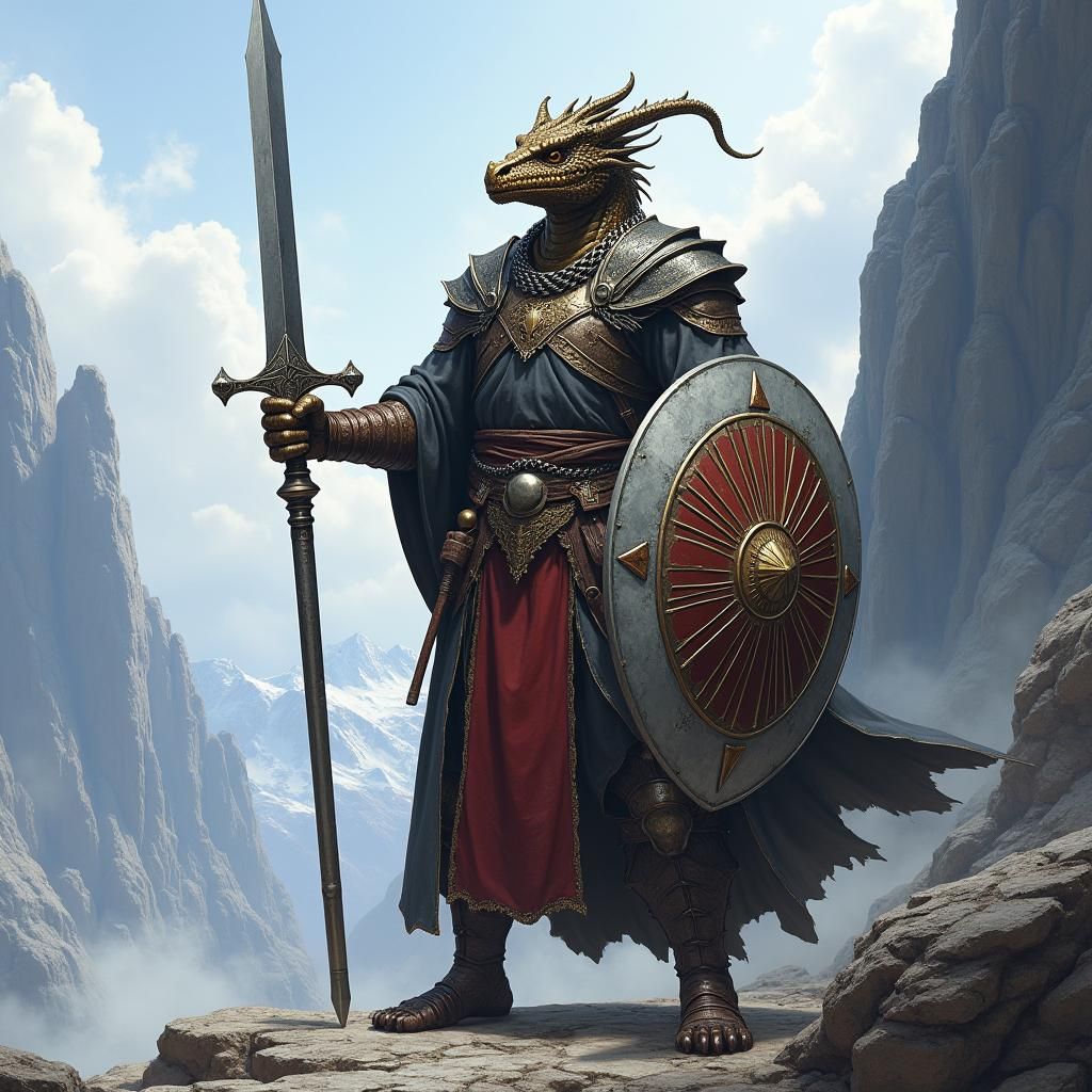 Dragonborn Cleric in Fantasy Landscape, Digital Art