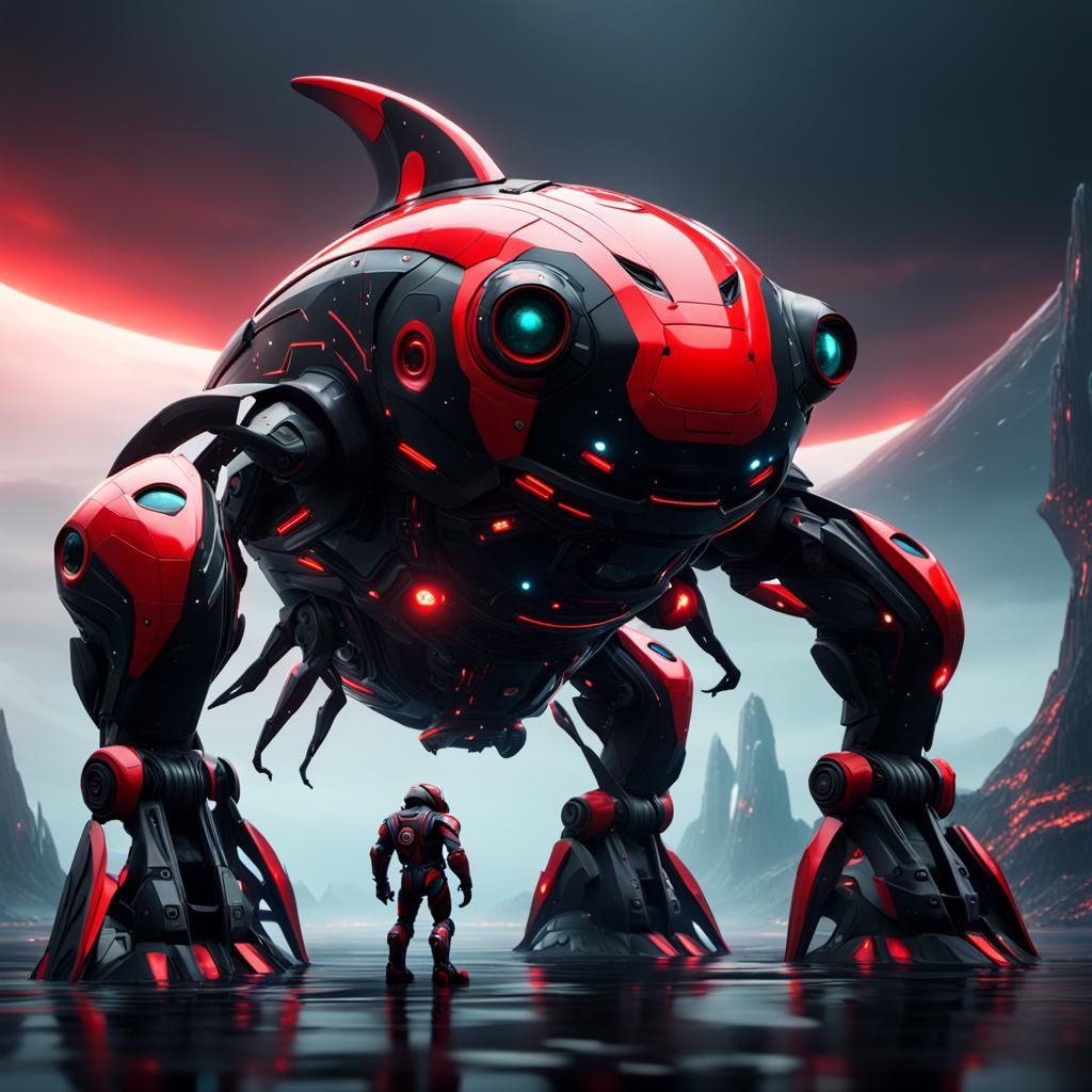 Futuristic Red and Black Orca Robot: Digital Art