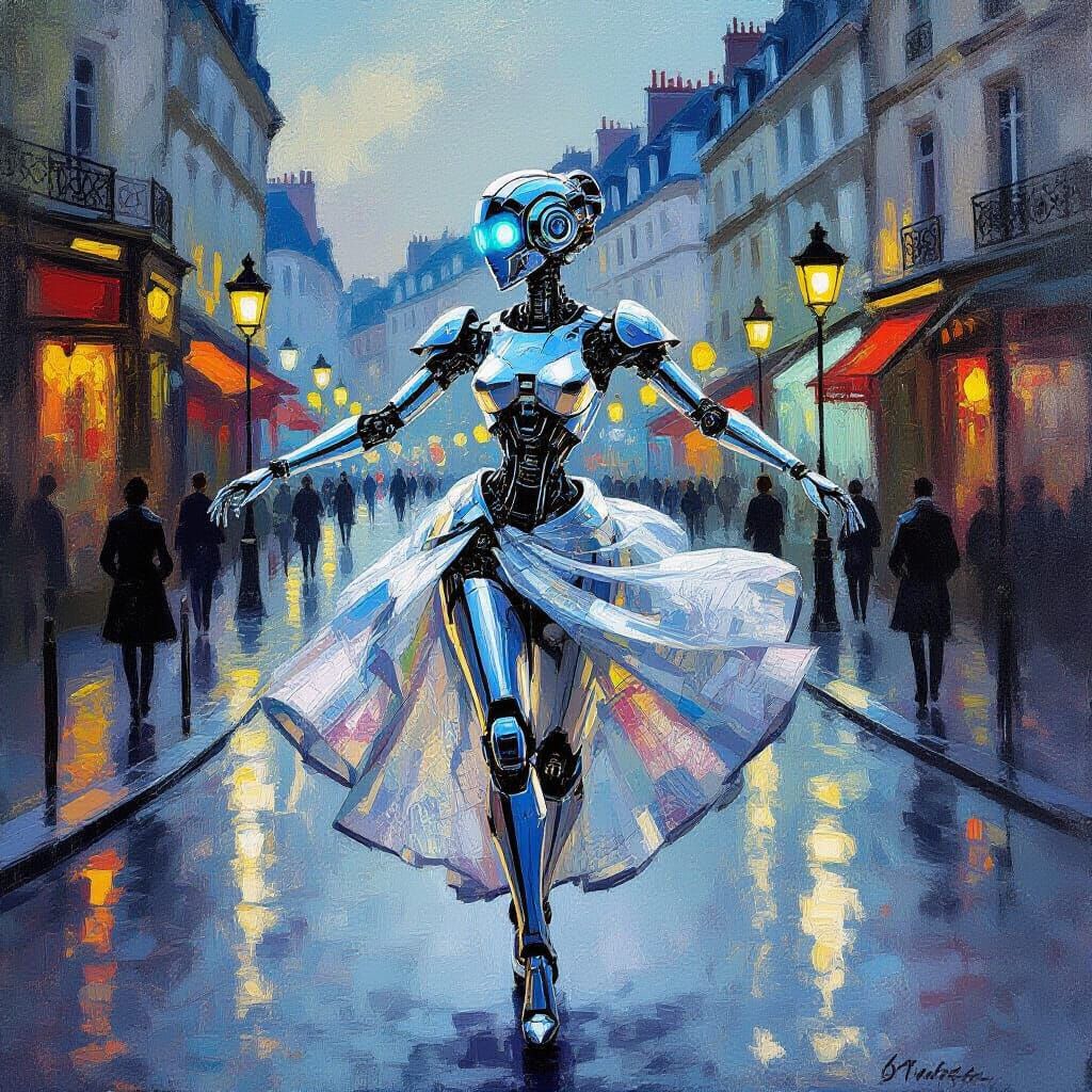 Robot Woman Dancing in Gaslit Paris Dusk