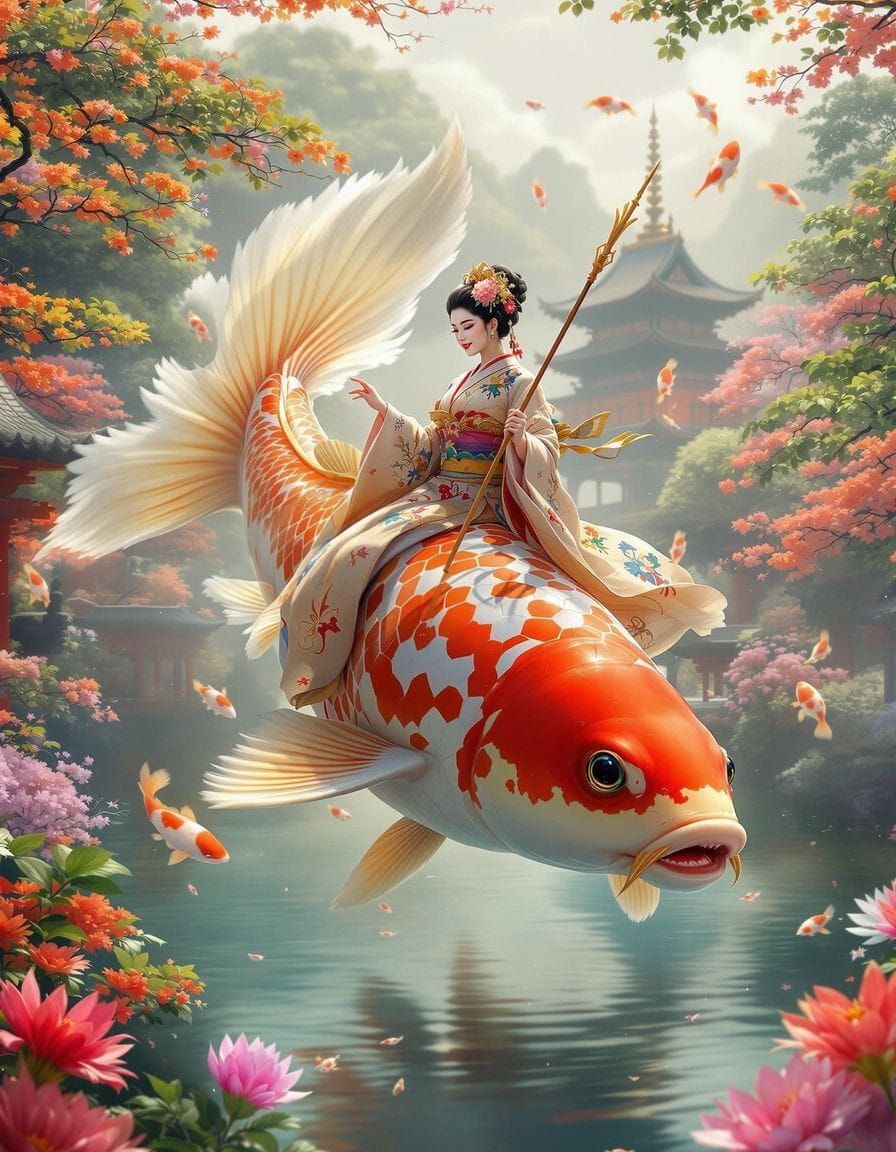 Geisha Riding Majestic Flying Koi with Vibrant Orange and Wh...