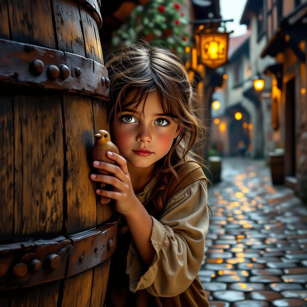 Girl Peeking from Barrel in Rainy Medieval Alleyway