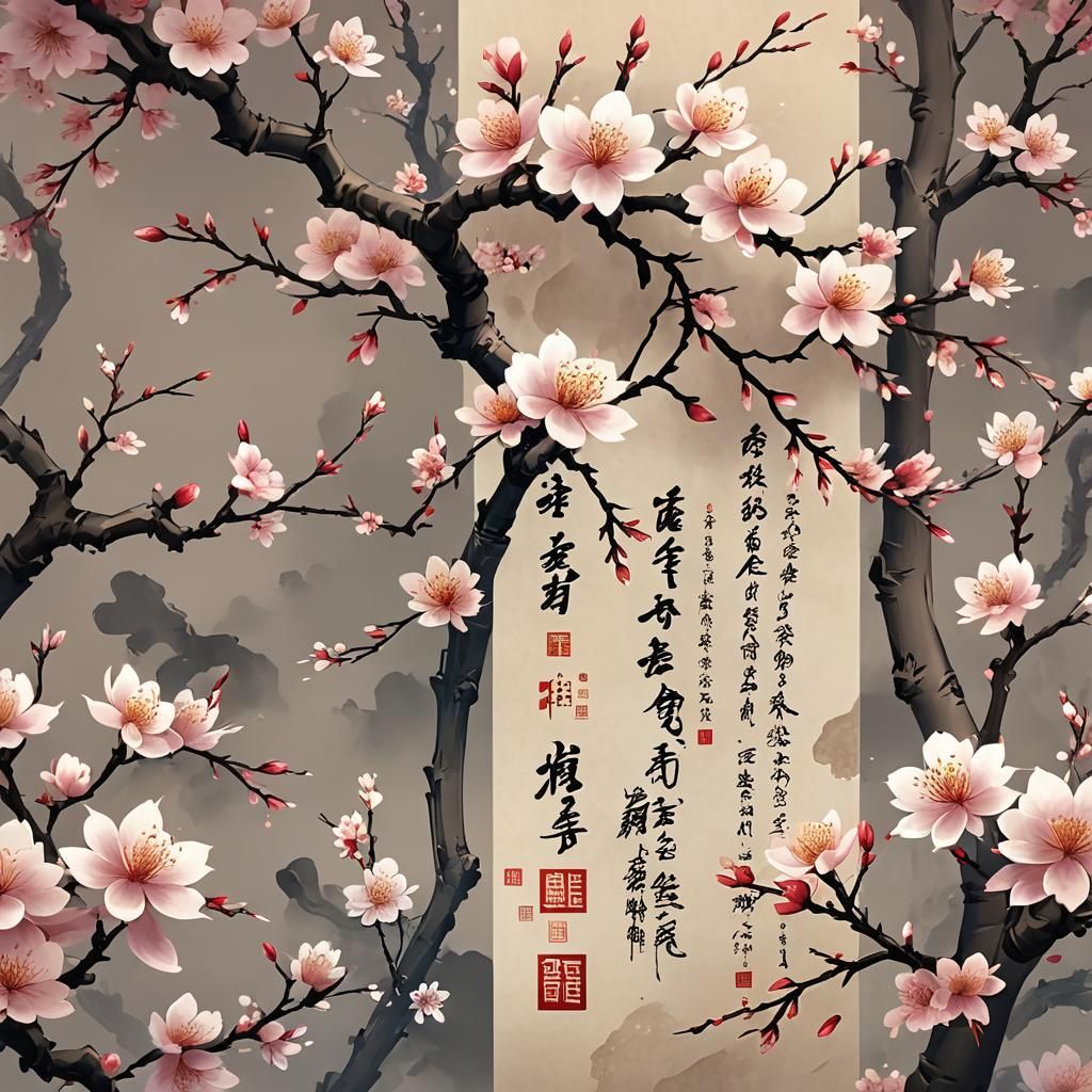 Chinese Scroll with Blossom Flowers and Poem