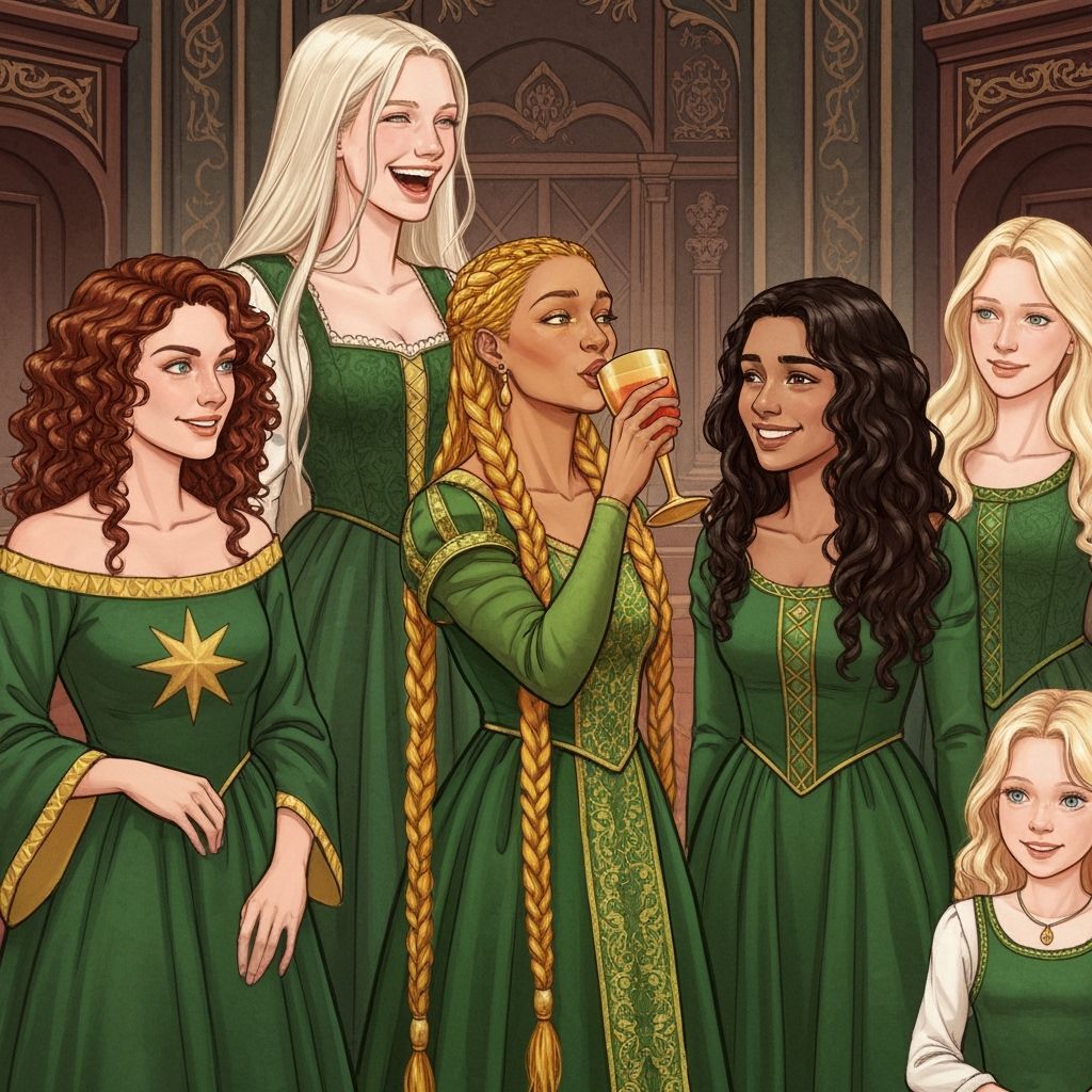 Green Dress Gathering in Hyperrealistic Style