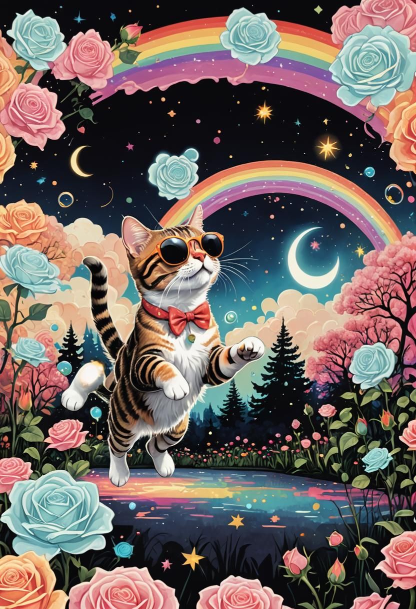 Tabby Cat in Sunglasses Leaping in Alien Rose Garden