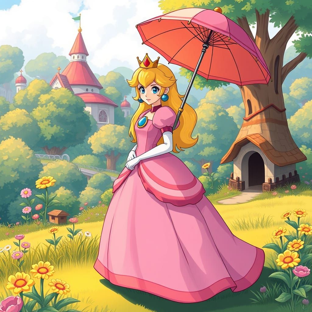 Princess Peach in Mushroom Kingdom Landscape